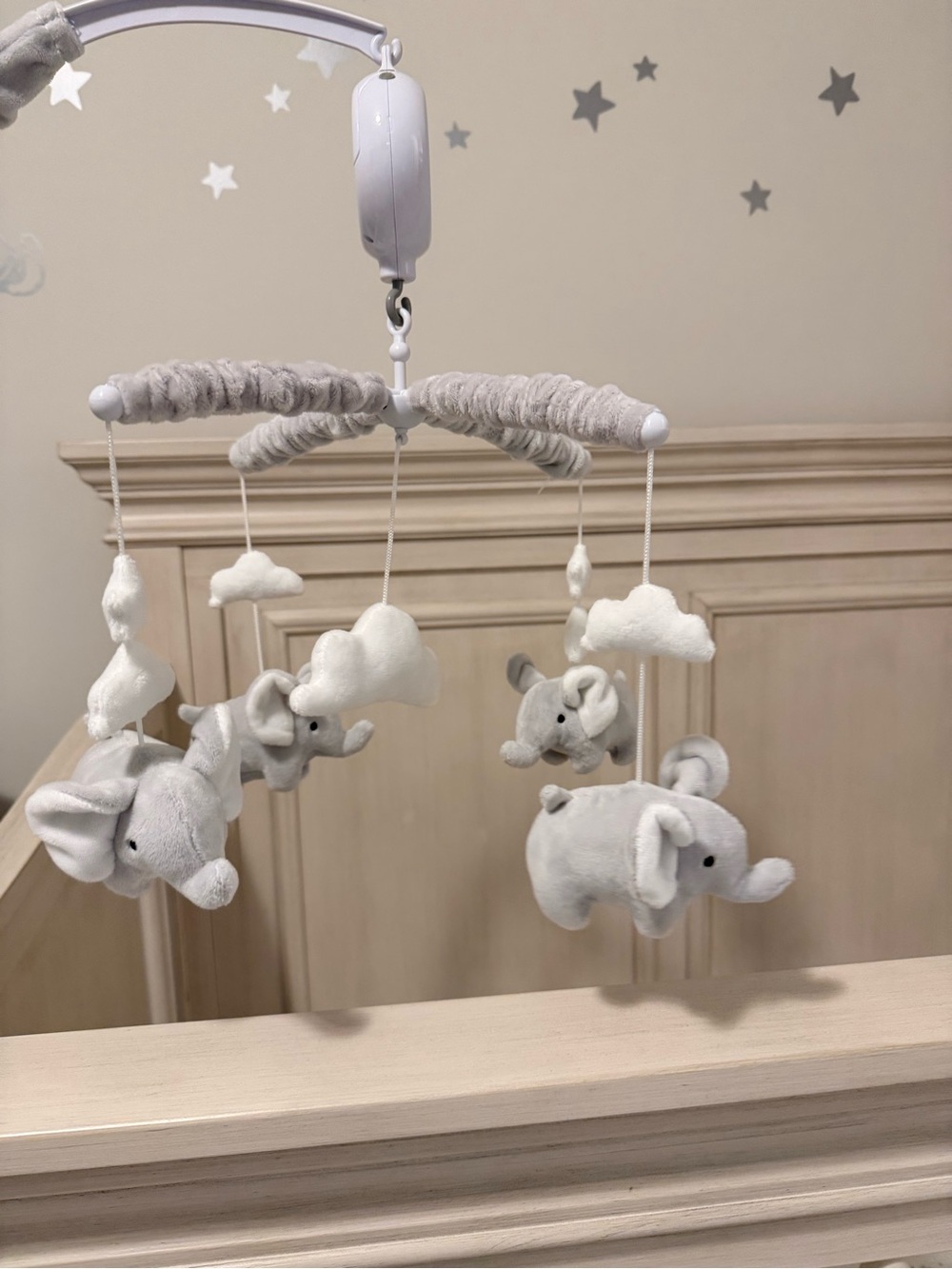 Plush Elephant Baby Mobile - Soft Gray & White